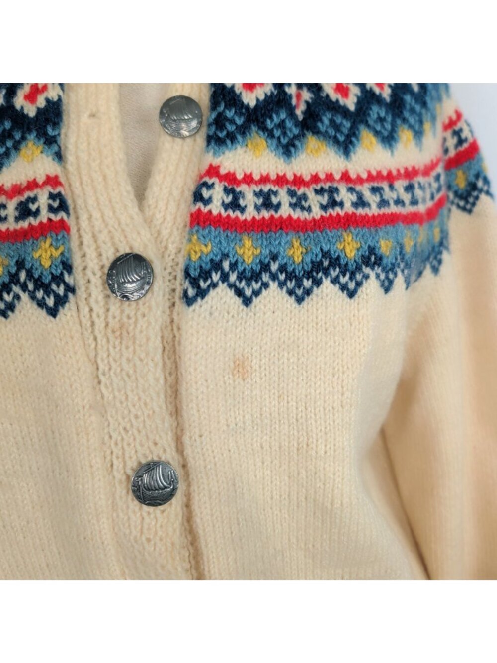 Vintage 60s Fair Isle Knit Cardigan Medium Cream Nordic - Picture 5 of 8